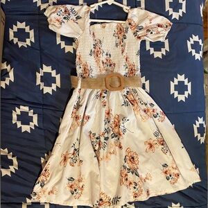 Girls' Spring Floral Smocked Dress with Puff Sleeves - Cream & Peach